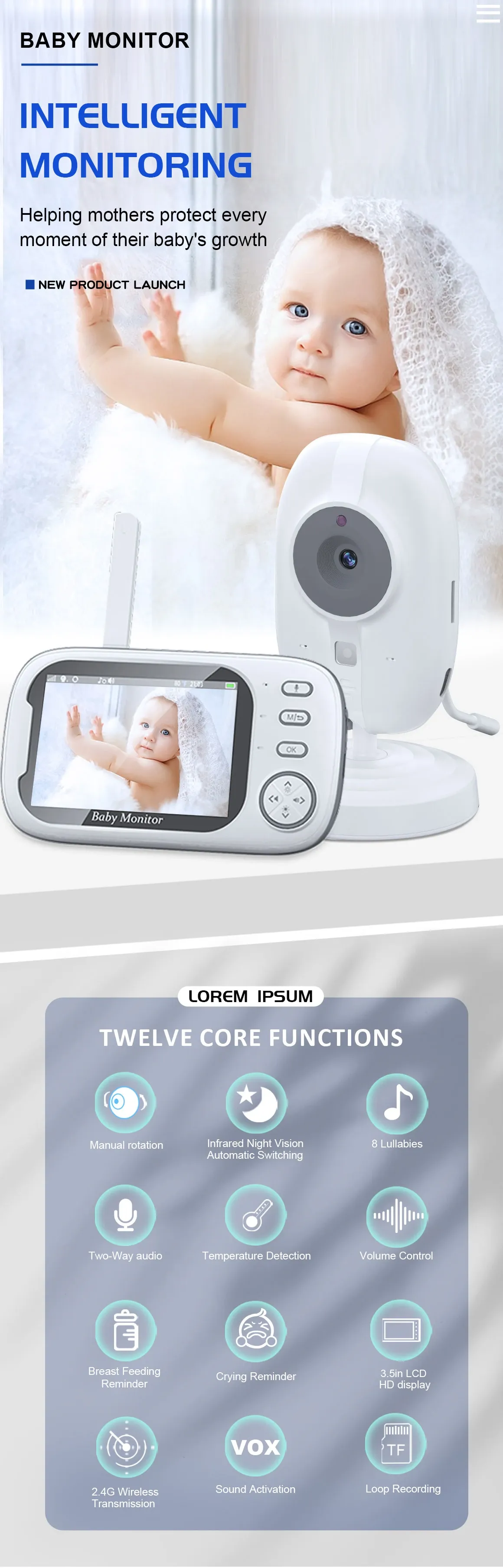 Promotional image for a baby monitor showing a parent-style nursery scene with a baby lying on a fluffy white blanket, alongside a white camera unit and handheld monitor displaying live video. The graphic includes the headline 'Intelligent Monitoring' and a grid of feature icons such as night vision, two-way audio, temperature detection, lullabies, and loop recording.